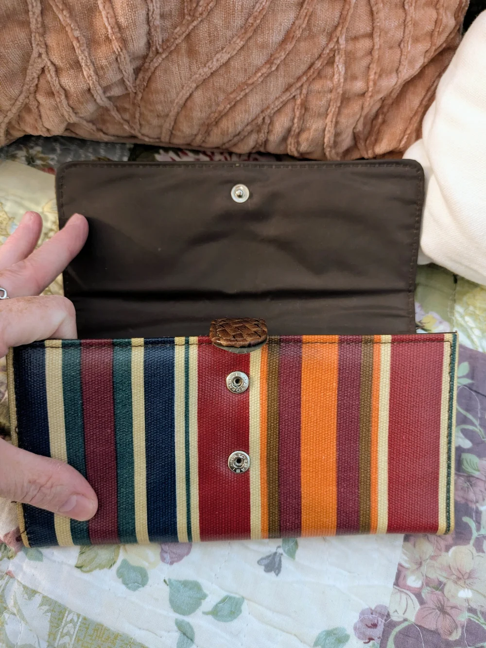 Striped Multicolor Women’s Trifold Wallet with Brown Trim